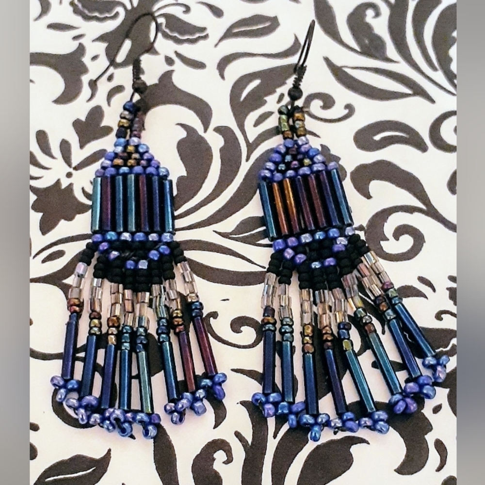 HANDMADE Blue & Black Iridescent Beaded Chandelier Fringe Dangle Earrings - Picture 4 of 7